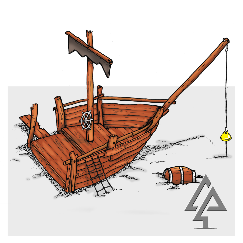 Van Ryt Industries 502-SHI Shipwreck Boat Bow playground structure crafted from West Australian Jarrah with plank and climbing net for pirate themed play areas.