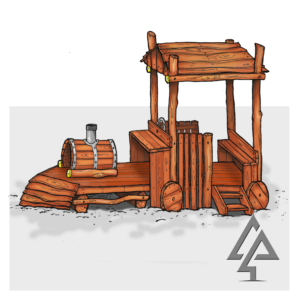 Train | Embark on imaginative journeys with this bespoke West Australian Jarrah train, featuring a ramshackle design with climbing tunnel, cowcatcher, smokestack, and shaded cabin with steering wheel. | VRI