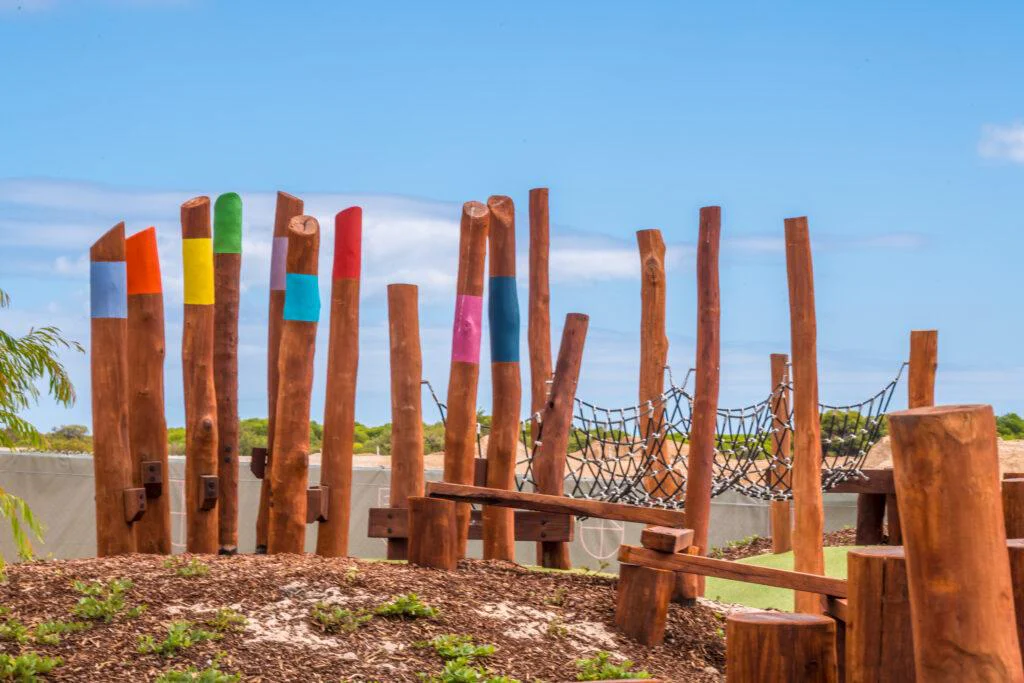 Stilt Steppers | Challenge balance and coordination with our elevated Stilt Steppers, handcrafted from locally sourced West Australian Jarrah hardwood to create challenging and fun play pathways in your nature playground. | VRI