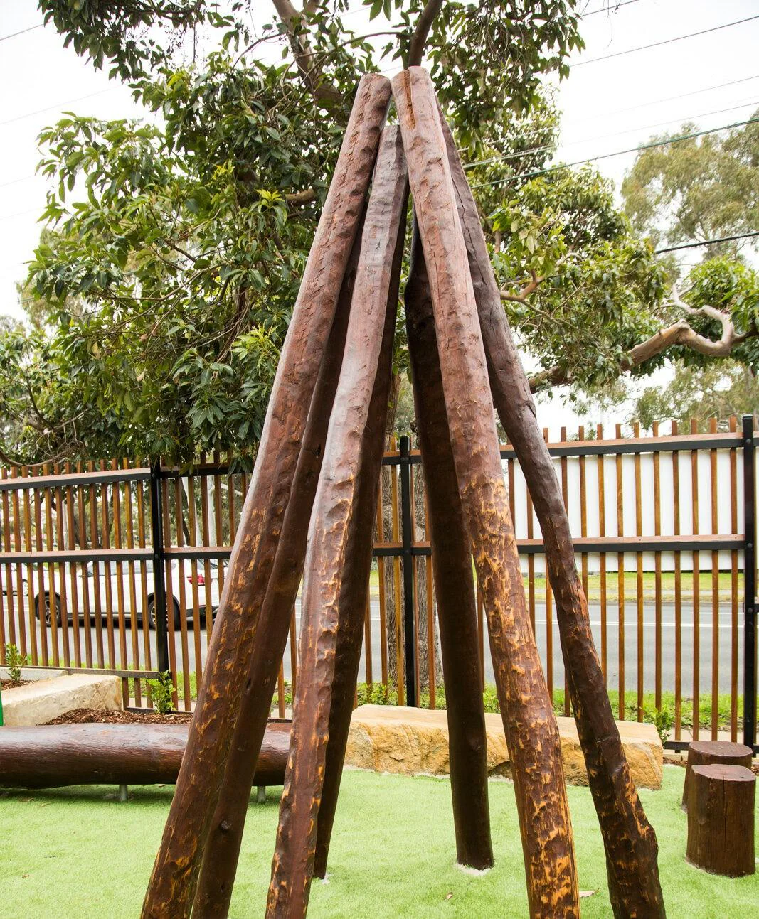 Tee Pee | Create an imaginative nook in your play spaces with our natural timber Tee Pee, handcrafted from locally sourced Jarrah offering a semi-sheltered space that children can call their own while staying safely in view. | VRI