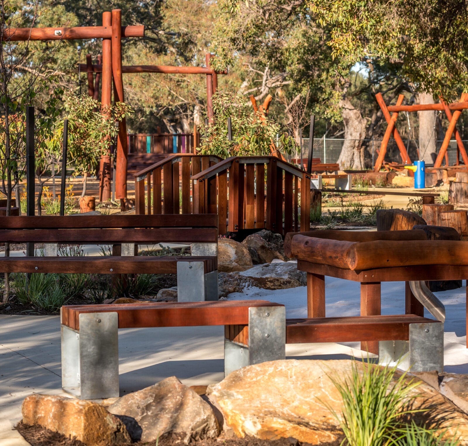 Bench Seat Type B Transitional | Promote inclusivity with this accessible bench seat, offering dual sitting heights, and modern aesthetics using West Australian Jarrah and steel. | VRI