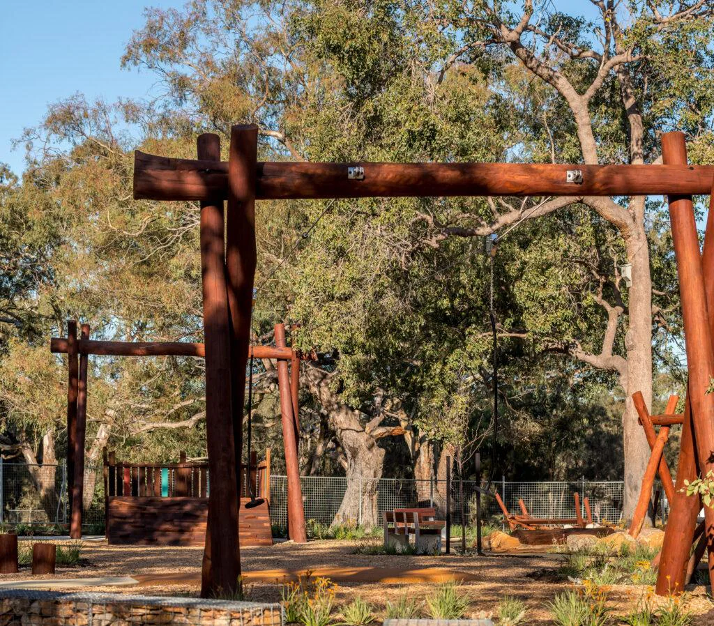 Double Flying Fox with Platform | Experience ultimate playground excitement with our premium double flying fox, featuring a custom Jarrah launch platform and parallel cable runs up to 50m for racing adventures. | VRI