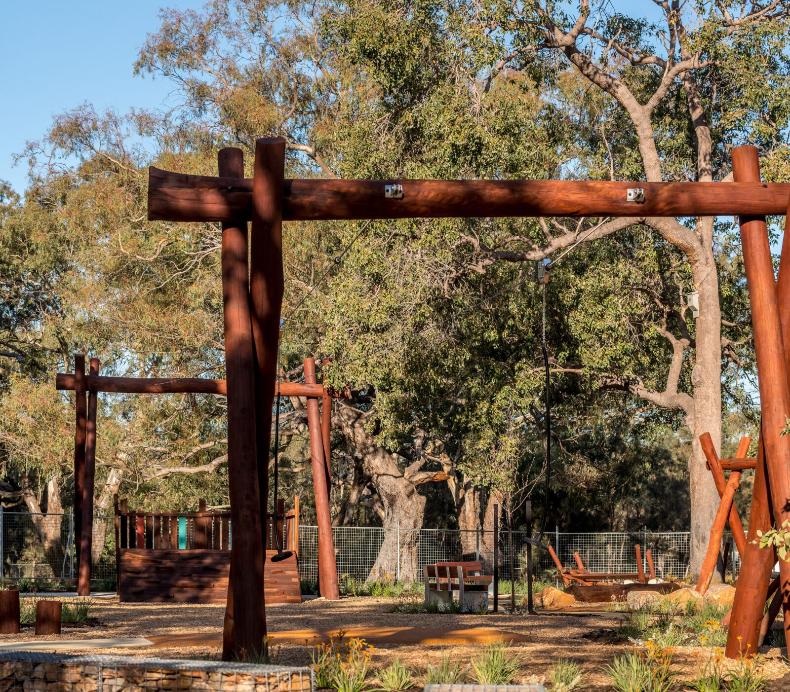 Double Flying Fox with Platform | Experience ultimate playground excitement with our premium double flying fox, featuring a custom Jarrah launch platform and parallel cable runs up to 50m for racing adventures. | VRI
