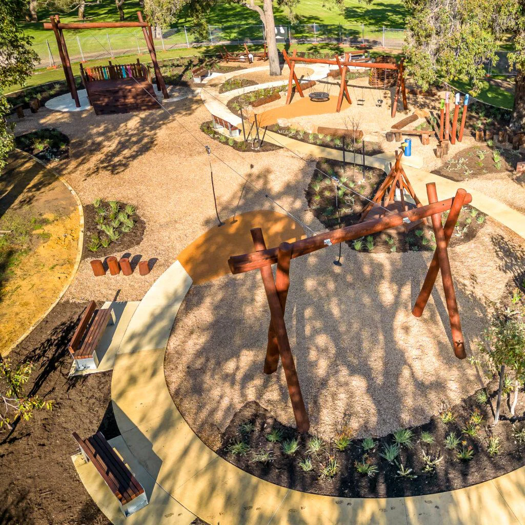 Double Flying Fox with Platform | Experience ultimate playground excitement with our premium double flying fox, featuring a custom Jarrah launch platform and parallel cable runs up to 50m for racing adventures. | VRI