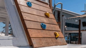 Jarrah climbing wall on the custom crayfishing boat — bespoke playground design at Gage Roads Brewery Fremantle by VRI.
