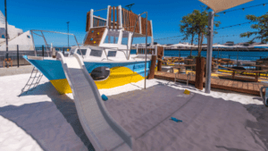 10-metre recycled Jarrah crayfishing boat play structure — VRI custom playground design at Gage Roads Brewery Fremantle.