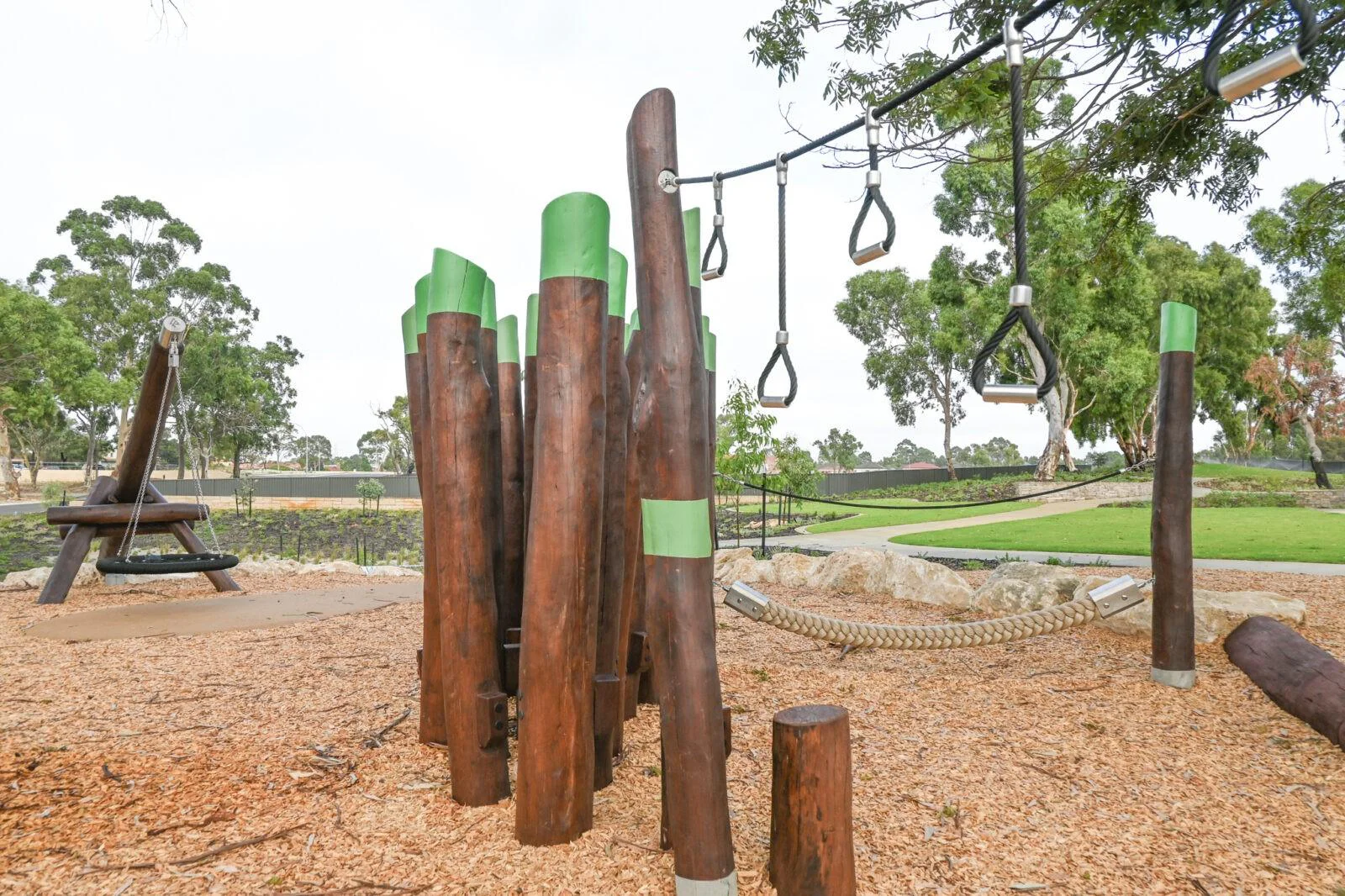 Monkey Rope Traverse | Challenge young adventurers with our Monkey Rope Traverse, featuring suspended rope handholds and West Australian Jarrah construction for exciting upper body development. | VRI