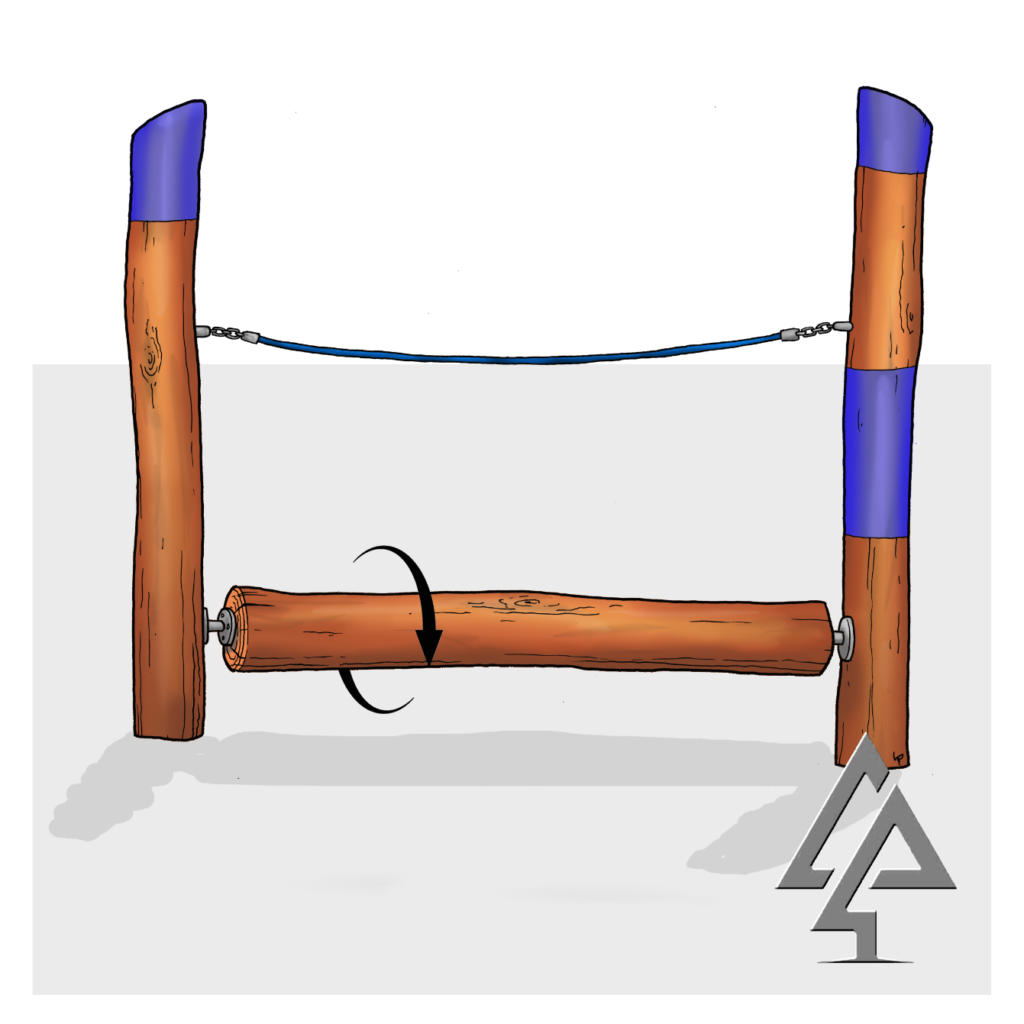 Rolling Log Traverse | Challenge adventurers with our innovative Rolling Log Traverse, featuring a spinning Jarrah log and support rope handrail for an exciting balance and coordination challenge. | VRI