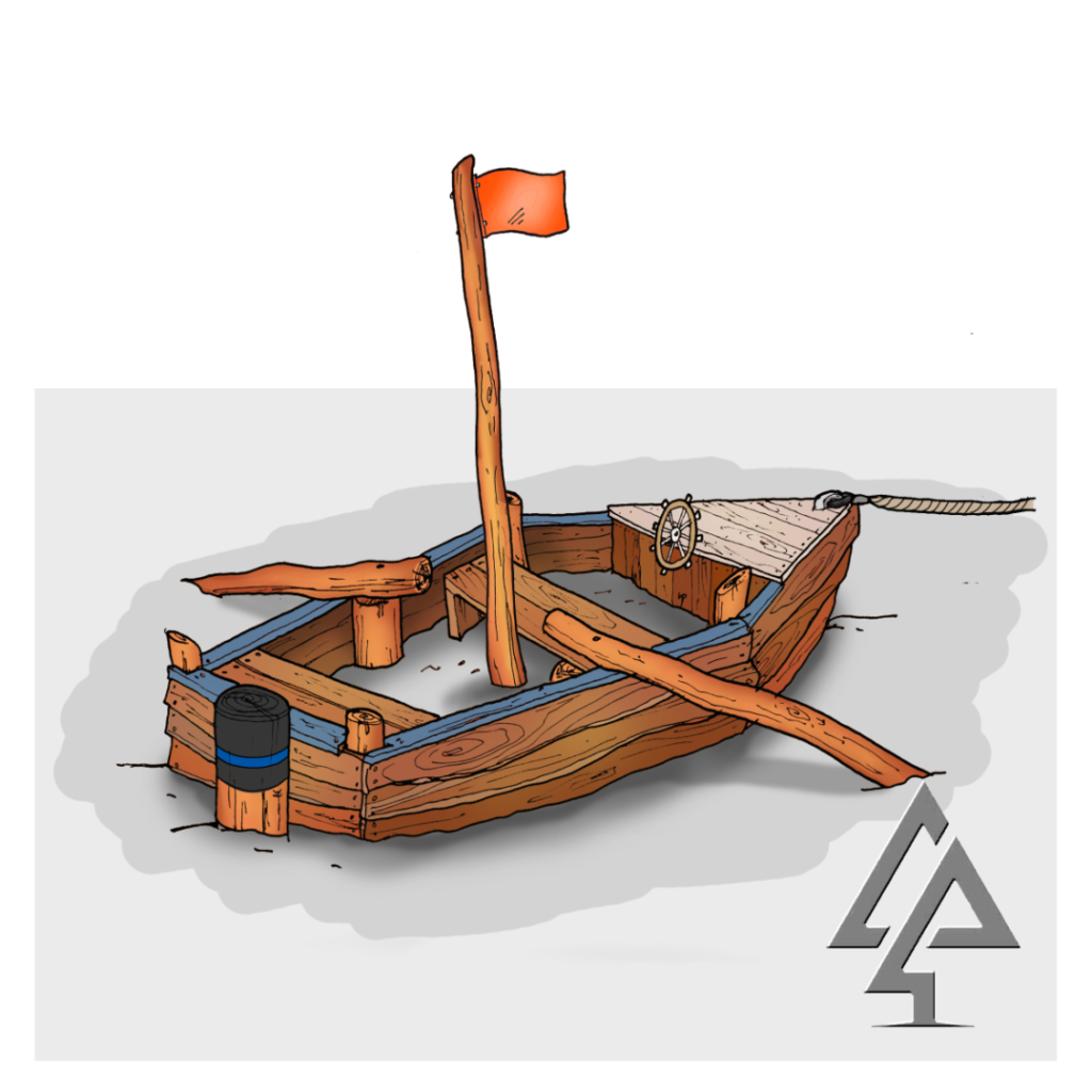 Boat | Set sail for fun with this cute moored Boat play structure, featuring WA Jarrah, steering wheel, sail mast, balancing rope pier, and oars for nautical adventures. | VRI