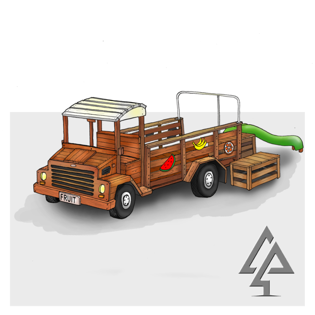 Fruit Truck | Deliver playful adventures with this West Australian Jarrah Fruit Truck, featuring climbable cabin, spacious tray, fruit crates, and slide for fun market-themed play. | VRI
