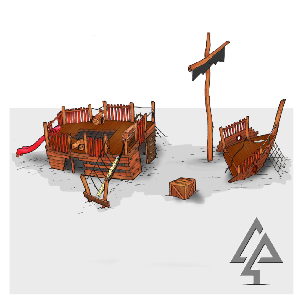 Sunken Ship | Create epic nautical adventures with the Sunken Ship Playground, featuring distinct stern/bow sections, slide, climbing walls, nets, V-rope walk, and hidden play areas. | VRI