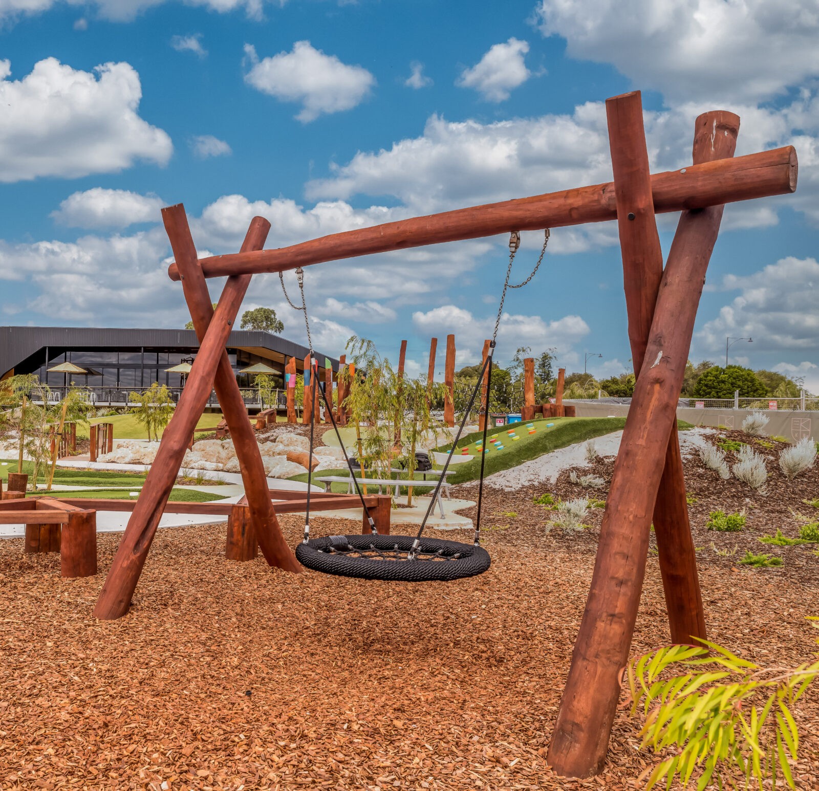A-Frame with Basket Swing | Experience inclusive fun with this classic A-Frame swing, featuring a durable WA Jarrah frame and a spacious basket seat perfect for shared enjoyment in parks and schools. | VRI