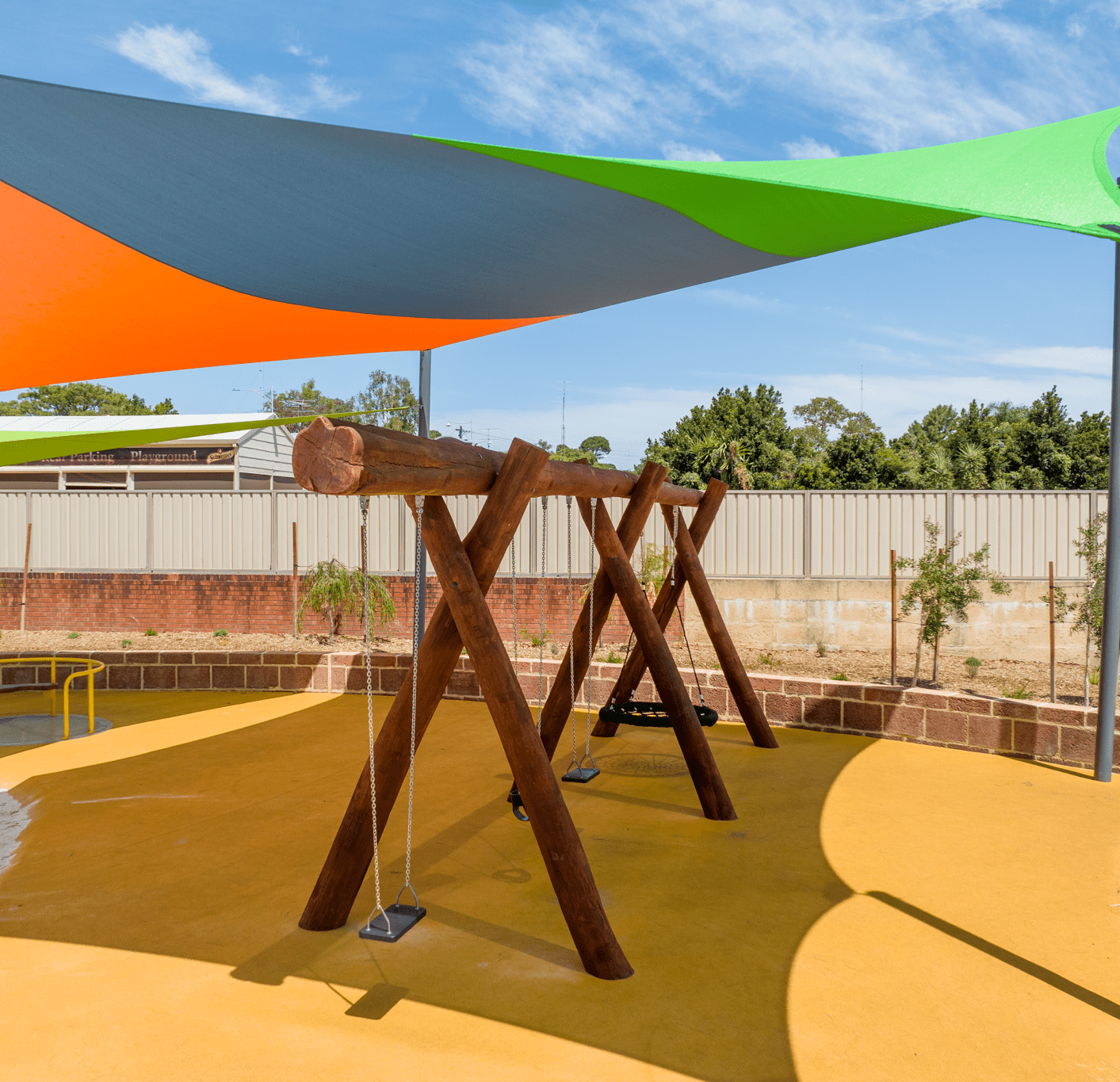Triple A-Frame with Basket and Triple Swings | Accommodate large groups with this expansive WA Jarrah Triple A-Frame swing set, offering an inclusive basket swing plus three additional standard/toddler bays. | VRI