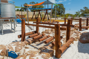 Floating Logs Walk | Challenge balance and coordination with our Floating Log Walk, featuring swaying timber logs for a dynamic playground pathways that will develop confidence and spatial awareness. | VRI