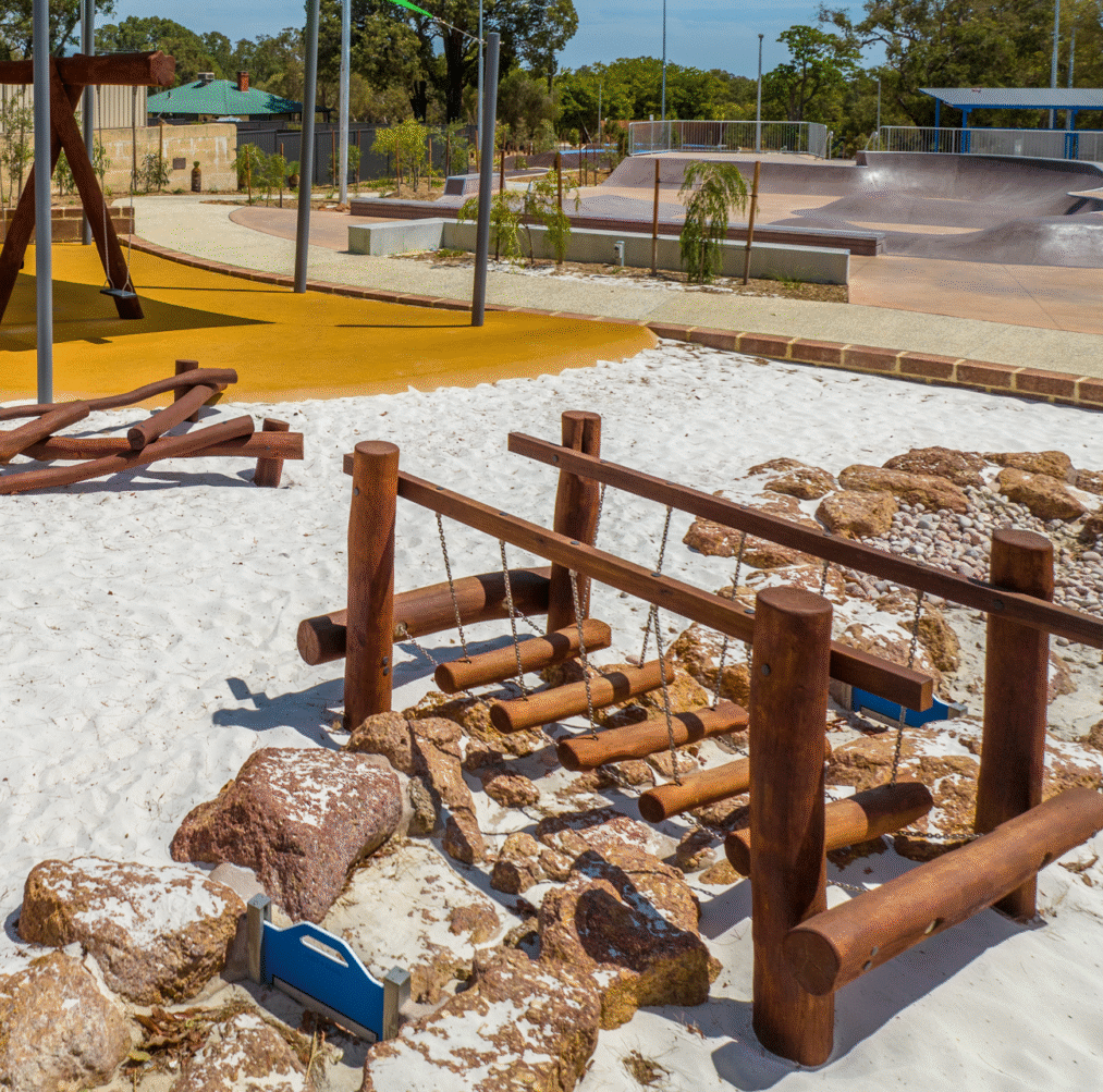 Floating Logs Walk | Challenge balance and coordination with our Floating Log Walk, featuring swaying timber logs for a dynamic playground pathways that will develop confidence and spatial awareness. | VRI