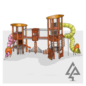 Reach for the sky with our bold 8.4m Maniana Mania Towers, featuring circular-themed elements, interconnected platforms, and multiple climbing challenges for adventurous spirits.
