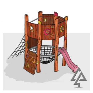 Our signature circular fort design featuring dual-level play with rope climbing, colourful porthole windows, and an exciting slide, creating an engaging multi-activity play structure.