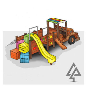 Loaded Fruit Truck | Experience feature-packed fun with the Loaded Fruit Truck, boasting colourful stacked crate climbers, nets, slide, log steps, and a unique under-tray tunnel. | VRI