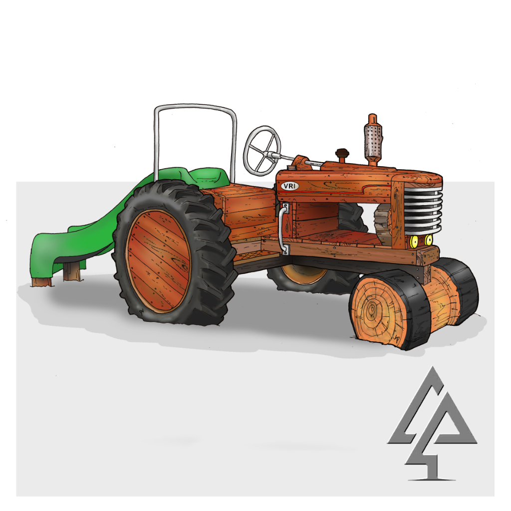 Tractor | Cultivate playground fun with this West Australian Jarrah Tractor, featuring salvaged tyres, stainless steel detailing, bench seat platform with slide, and open engine bay for imaginative farm play. | VRI