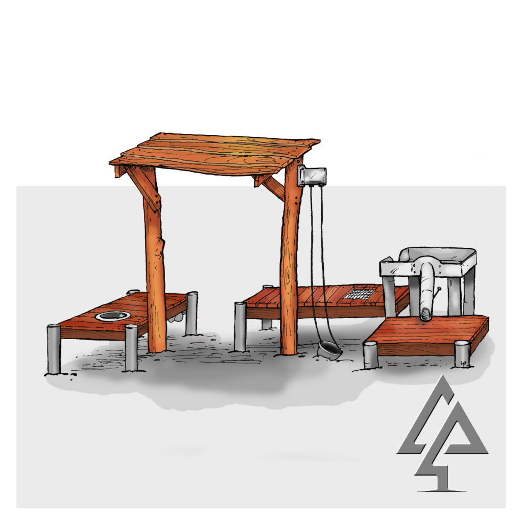 Sand Play Combo 'A' | Create the ultimate sand play destination with this premium combo featuring multiple Jarrah & stainless steel tables, chute, sand mill, pulley, and a rustic shelter roof. | VRI