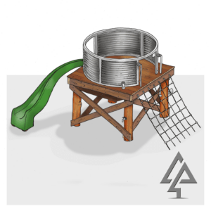 Inspired by iconic Australian outback water tank stand, this unique fort combines adventure and imagination with a 1600mm elevated platform, rope net access, and curved slide.