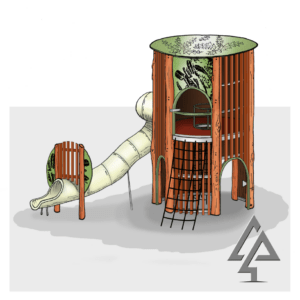 Inspired by iconic Australian outback water tank stand, this unique fort combines adventure and imagination with a 1600mm elevated platform, rope net access, and curved slide.