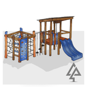Merredin Combo A | Challenge children with the Merredin Combo A, a densely packed WA Jarrah timber climbing frame and cubby system featuring diverse climbing, a unique pommel bridge, and multiple exits. | VRI