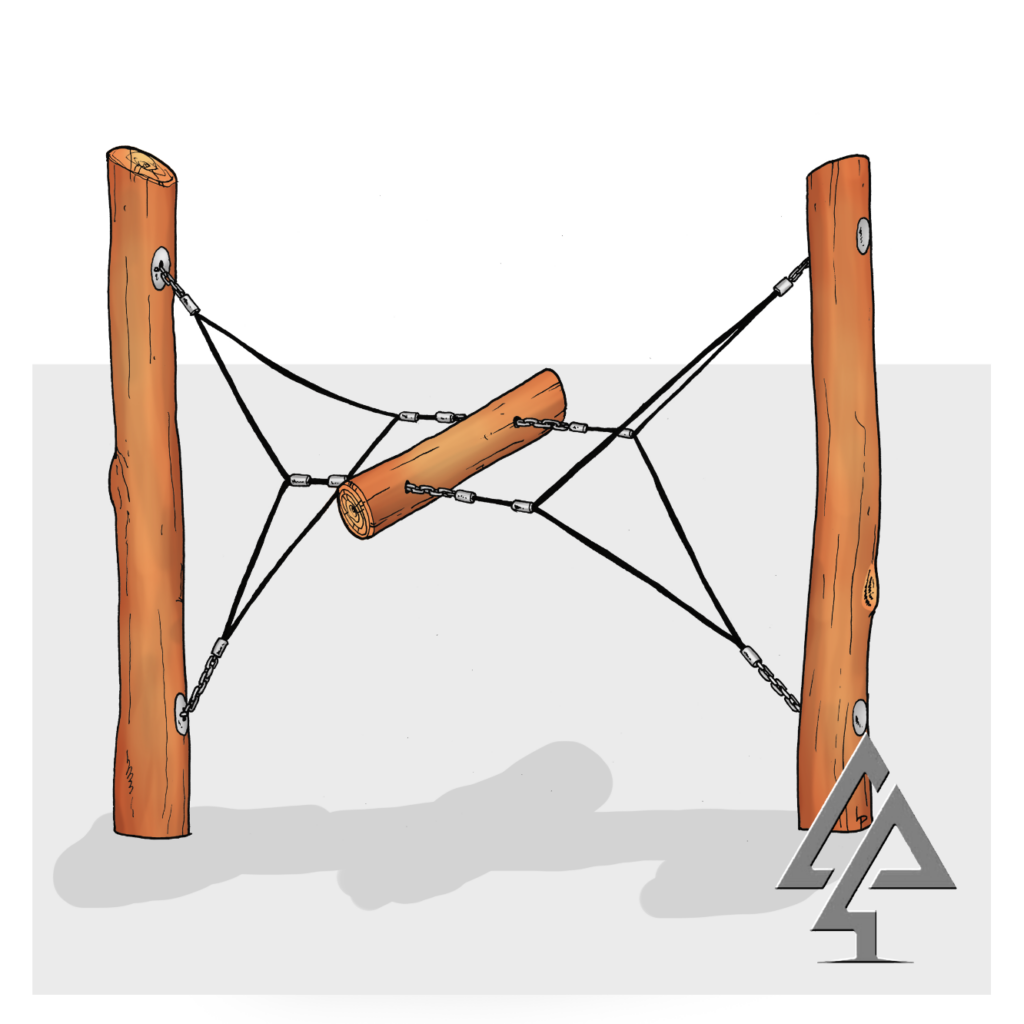 Dangling Log Traverse | Challenge adventurers with our dynamic Dangling Log Traverse, featuring a suspended angled Jarrah beam that creates an exciting bucking motion for advanced balance development. | VRI