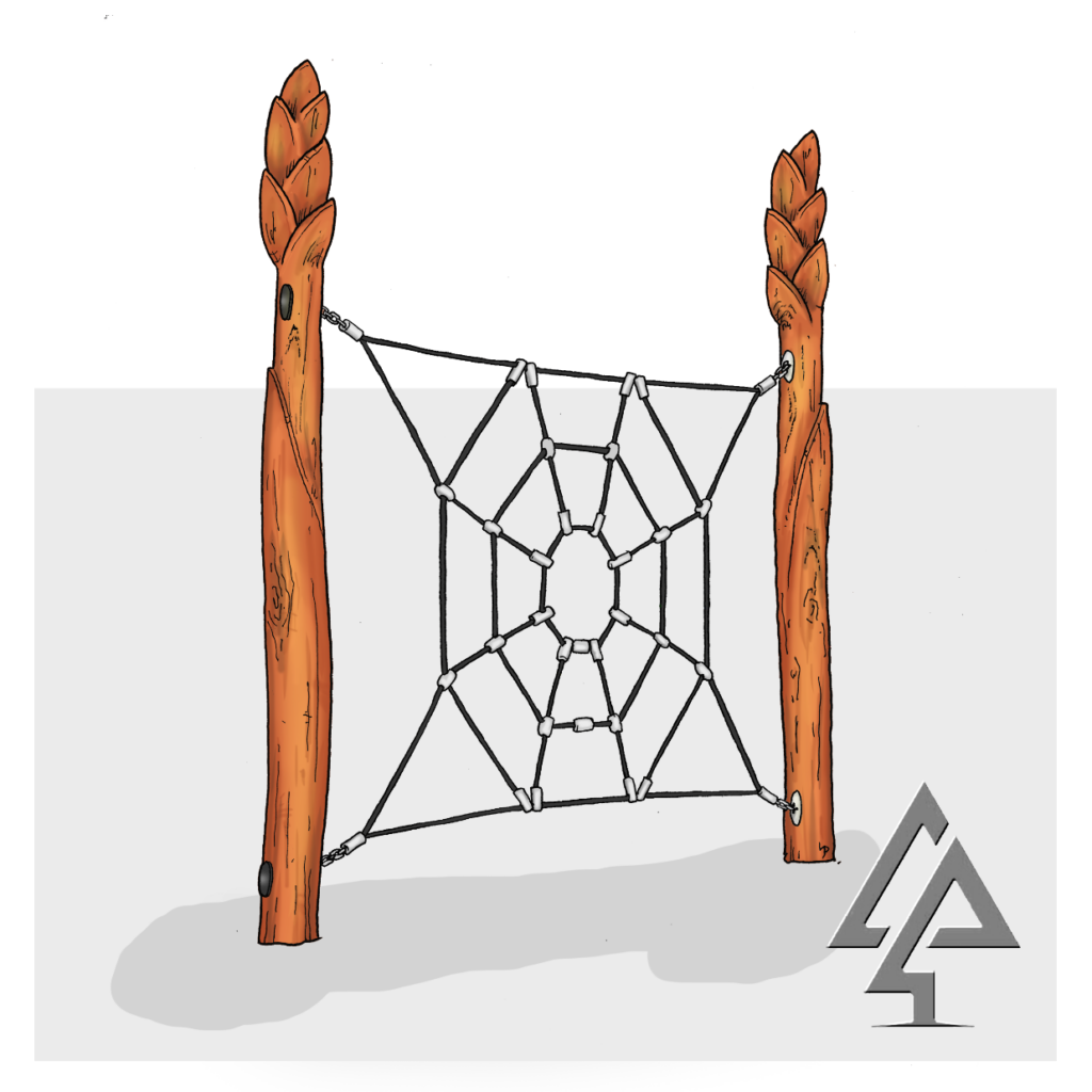 Spider Web on Wheat Poles | Experience artistic climbing adventures with our Spider Web on Wheat Poles, featuring hand-carved wheat seed pod tops and customisable rope matrix for engaging vertical and horizontal challenges. | VRI