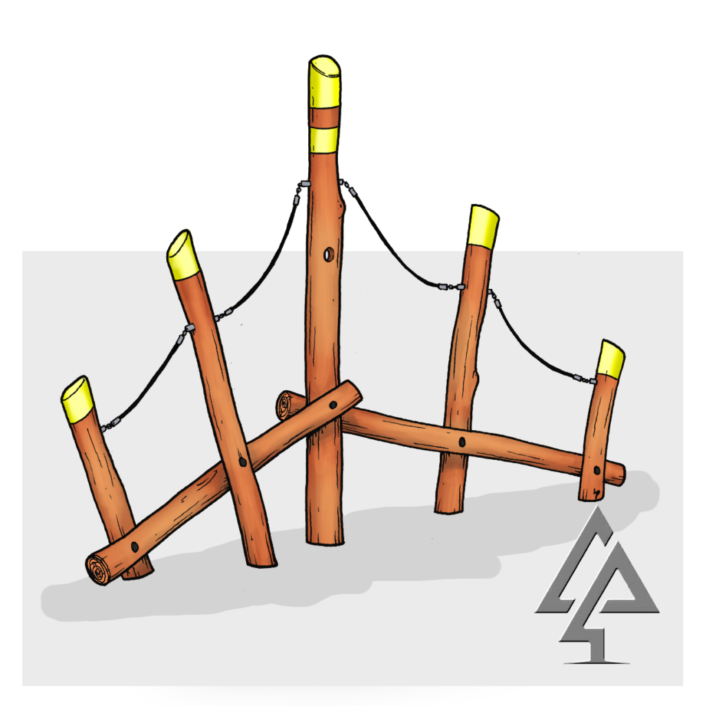 Balance Log Traverse | Master balance skills with our dynamic Balance Log Traverse, featuring angled Jarrah supports and flexible rope handrails for an engaging natural climbing experience. | VRI