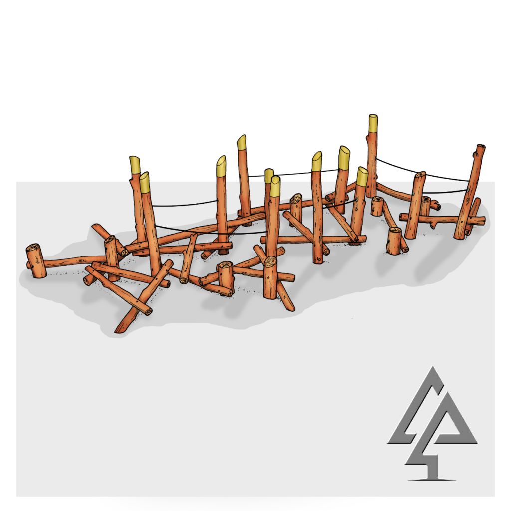 Mega Log Scramble A | Explore endless movement possibilities with our Mega Log Scramble A, featuring an extensive network of angled Jarrah logs and integrated rope handrails for dynamic natural play. | VRI