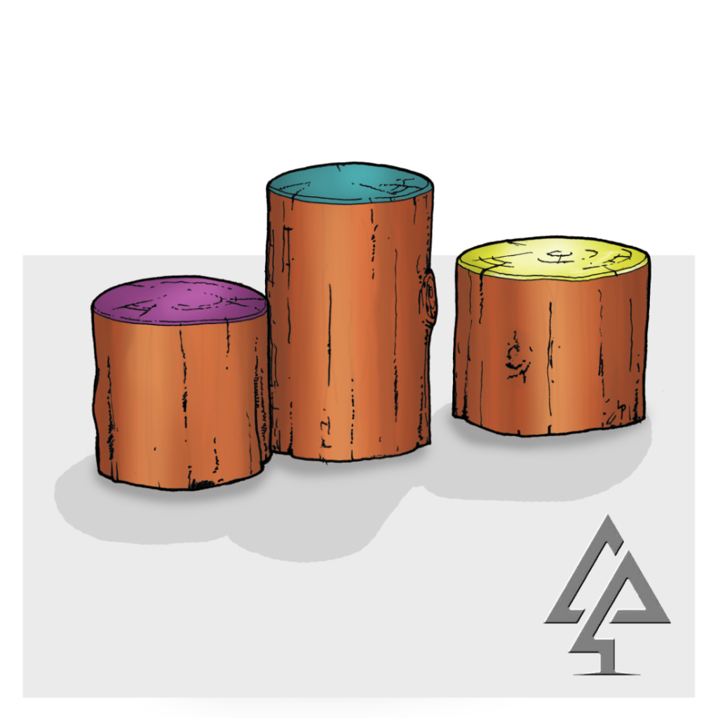 Beautifully crafted stepping stumps made from West Australian Jarrah hardwood, featuring vibrant painted tops that add both visual appeal and playful functionality to any outdoor space.