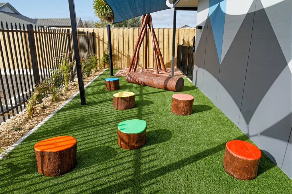 Stepping Stumps with Painted Top | Beautifully crafted stepping stumps made from West Australian Jarrah hardwood, featuring vibrant painted tops that add both visual appeal and playful functionality to any outdoor space. | VRI