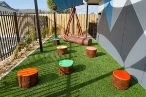 Stepping Stumps with Painted Top | Beautifully crafted stepping stumps made from West Australian Jarrah hardwood, featuring vibrant painted tops that add both visual appeal and playful functionality to any outdoor space. | VRI
