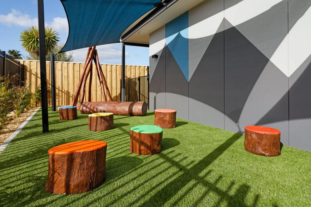Stepping Stumps with Painted Top | Beautifully crafted stepping stumps made from West Australian Jarrah hardwood, featuring vibrant painted tops that add both visual appeal and playful functionality to any outdoor space. | VRI