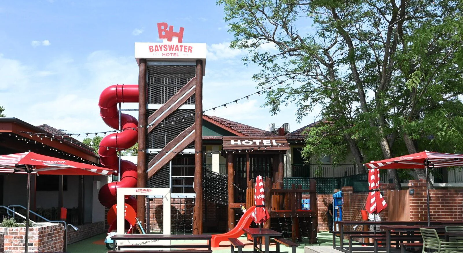 Pub playground Perth — custom 9-metre tower rising above The Bayswater Hotel roofline, Bayswater WA