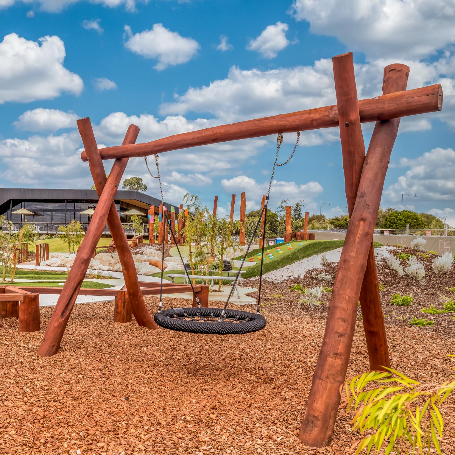 A-Frame with Basket Swing | Experience inclusive fun with this classic A-Frame swing, featuring a durable WA Jarrah frame and a spacious basket seat perfect for shared enjoyment in parks and schools. | VRI