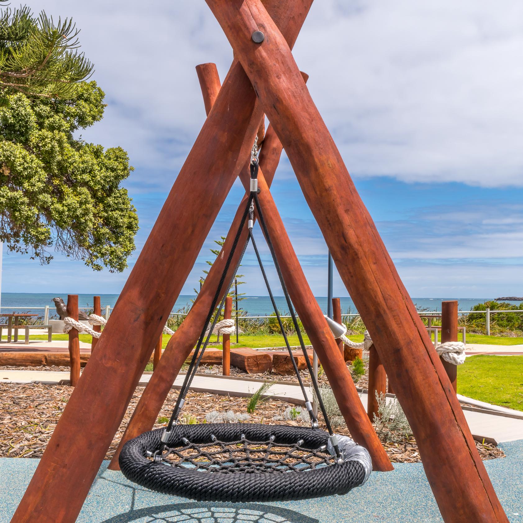 A-Frame with Basket Swing | Experience inclusive fun with this classic A-Frame swing, featuring a durable WA Jarrah frame and a spacious basket seat perfect for shared enjoyment in parks and schools. | VRI