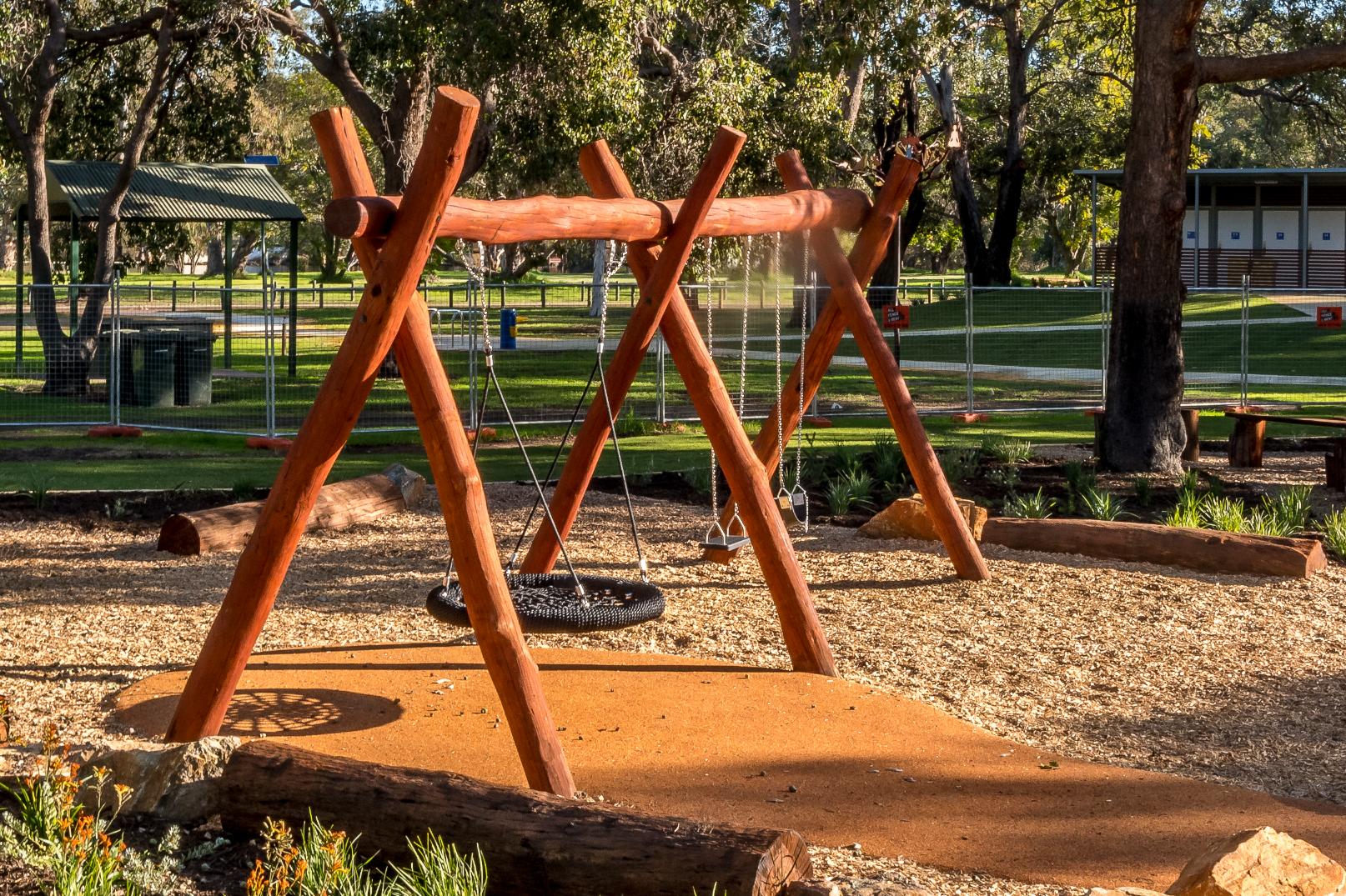 Double A-Frame with Basket and Double Swings | Maximise swinging capacity with this extensive WA Jarrah Double A-Frame, featuring an inclusive basket swing plus two additional standard/toddler swing bays. | VRI
