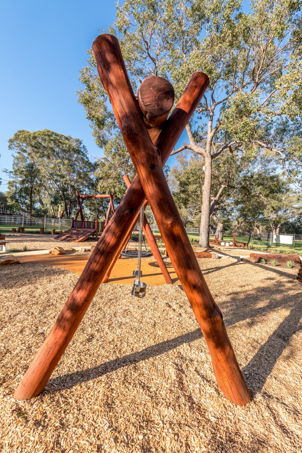 Double A-Frame with Basket and Double Swings | Maximise swinging capacity with this extensive WA Jarrah Double A-Frame, featuring an inclusive basket swing plus two additional standard/toddler swing bays. | VRI