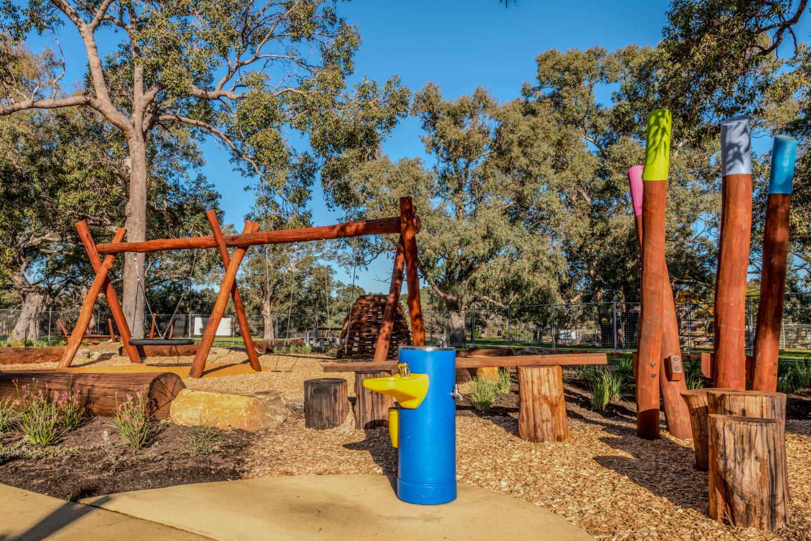 Double A-Frame with Basket and Double Swings | Maximise swinging capacity with this extensive WA Jarrah Double A-Frame, featuring an inclusive basket swing plus two additional standard/toddler swing bays. | VRI