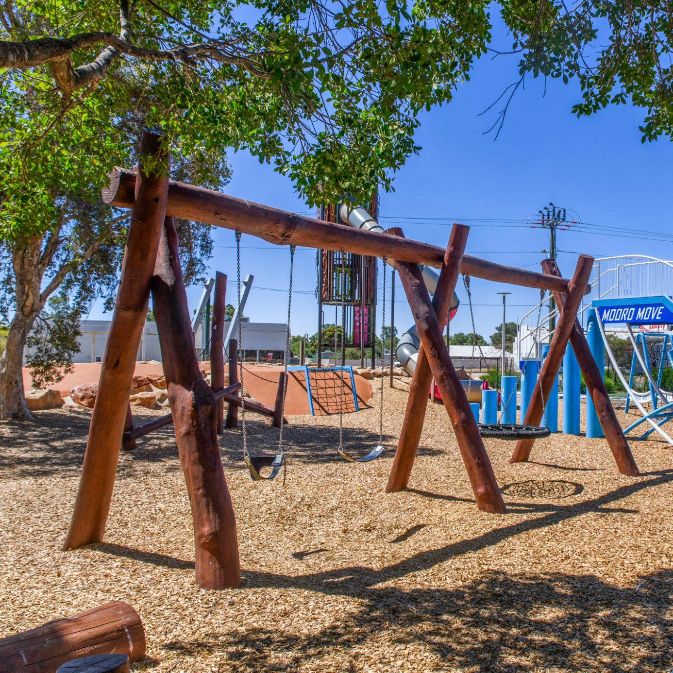 Double A-Frame with Basket and Double Swings | Maximise swinging capacity with this extensive WA Jarrah Double A-Frame, featuring an inclusive basket swing plus two additional standard/toddler swing bays. | VRI