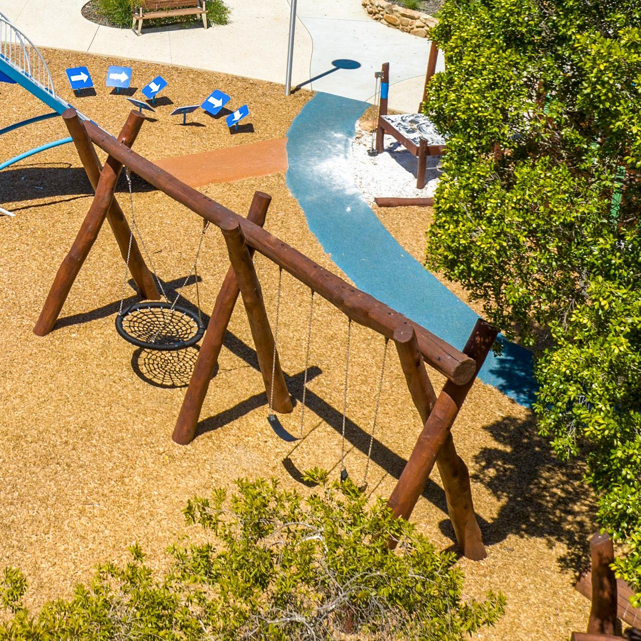 Double A-Frame with Basket and Double Swings | Maximise swinging capacity with this extensive WA Jarrah Double A-Frame, featuring an inclusive basket swing plus two additional standard/toddler swing bays. | VRI