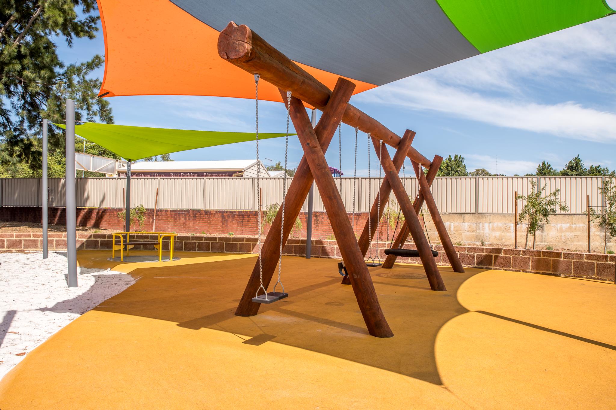 Triple A-Frame with Basket and Triple Swings | Accommodate large groups with this expansive WA Jarrah Triple A-Frame swing set, offering an inclusive basket swing plus three additional standard/toddler bays. | VRI