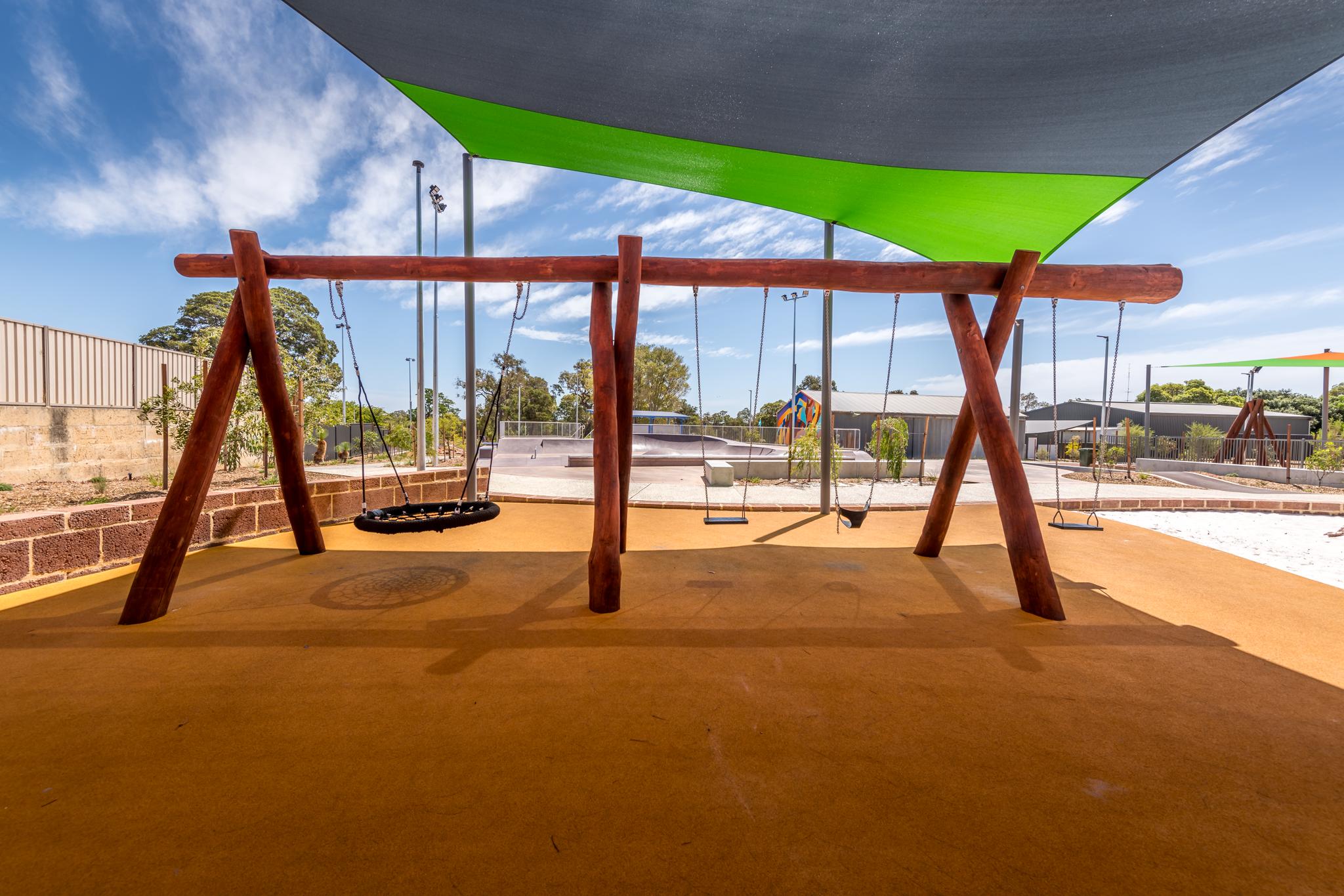 Triple A-Frame with Basket and Triple Swings | Accommodate large groups with this expansive WA Jarrah Triple A-Frame swing set, offering an inclusive basket swing plus three additional standard/toddler bays. | VRI
