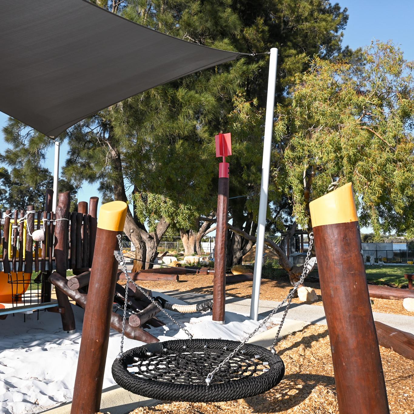 Mini Double Pole Basket Swing | Provide inclusive swinging in smaller spaces with this Mini Double Pole Basket Swing, offering a compact Jarrah bush pole frame and basket seat perfect for ELCs or limited areas. | VRI