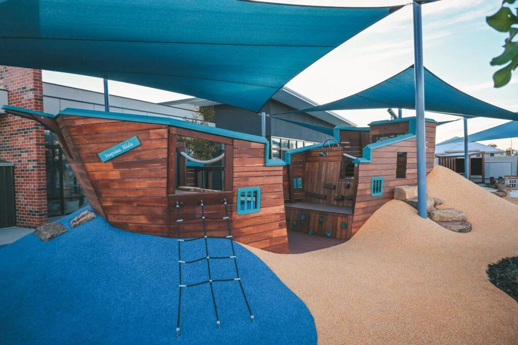 The large custom ship playground at the Inspira Kids custom early learning playspace WA, built by Van Ryt Industries.