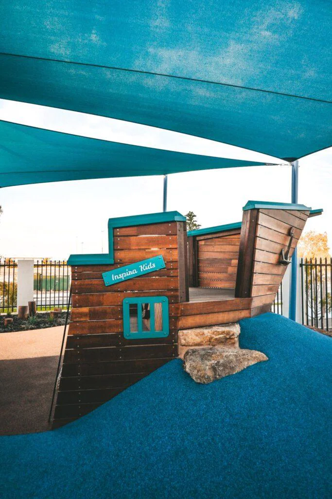 The large custom ship playground at the Inspira Kids custom early learning playspace WA, built by Van Ryt Industries.