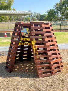 VRI Bee Hive Cubby from Stage 1 at Dayton Primary, showing durable Jarrah timber condition after 2 years