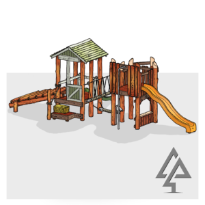 Giddy-Up Forts | Transform your playground with the Giddy-Up Forts — a dual-level West Australian Jarrah play structure combining a themed stable shopfront, suspended rope rocker, fireman's pole, and two slides for multi-age adventure. | VRI